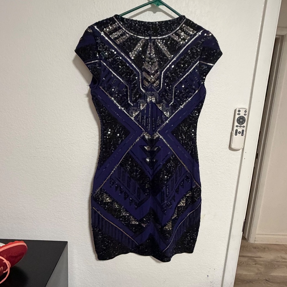 Express Womens Sequin Bodycon Dress Navy Blue Silver Geometric Art Deco Medium - Picture 5 of 8